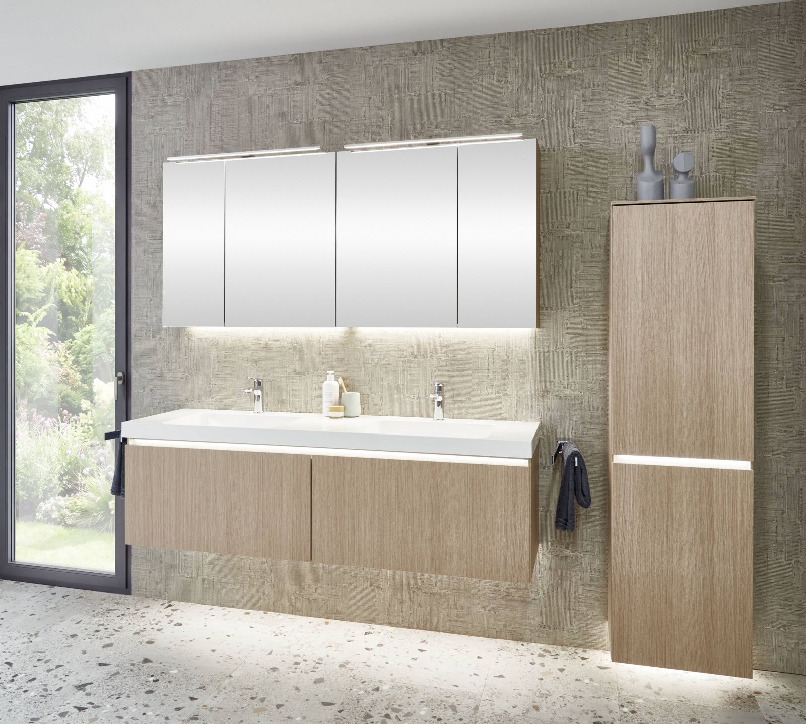 Bathroom vanity with tall unit and mirror cabinet